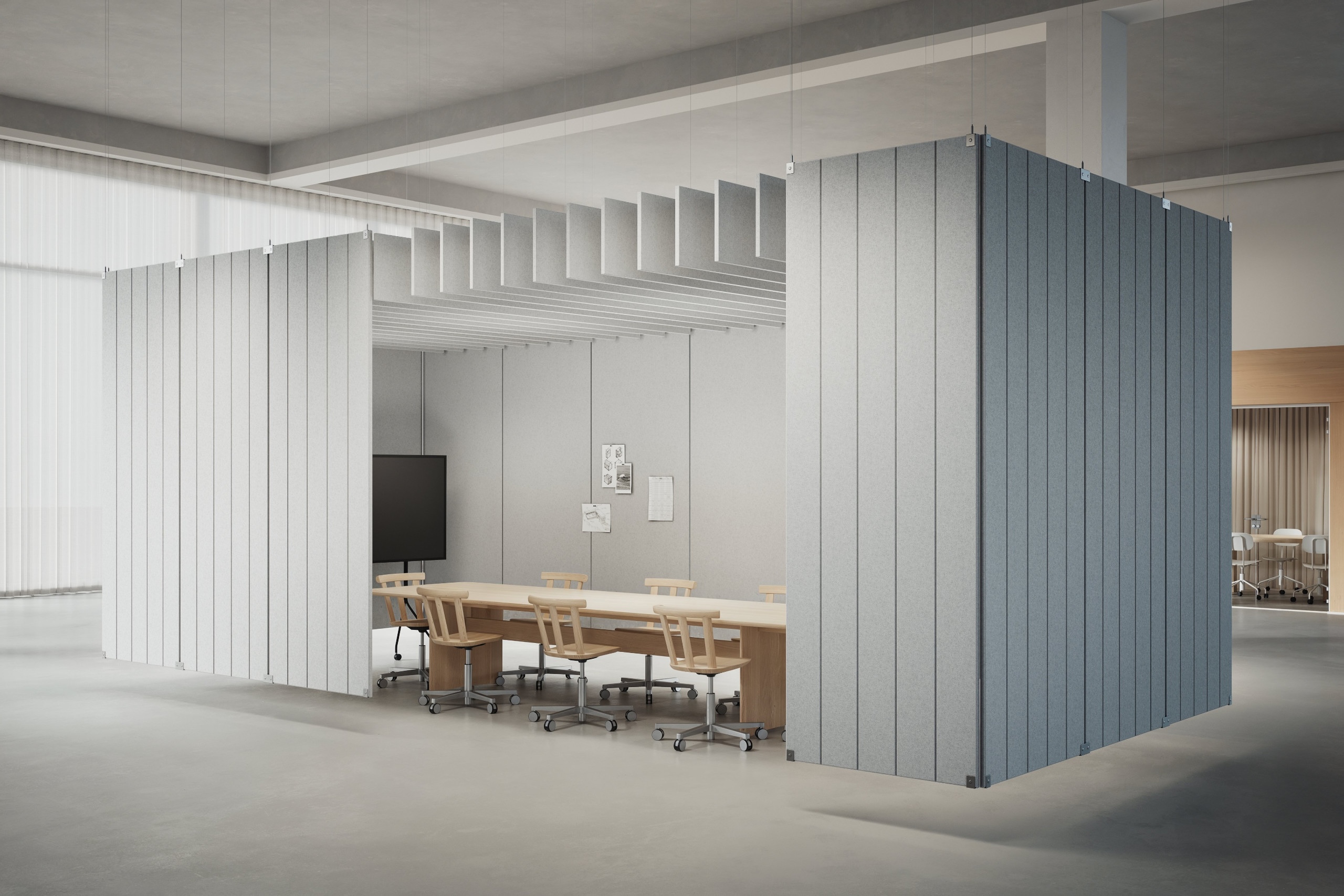 Office space with hanging panels