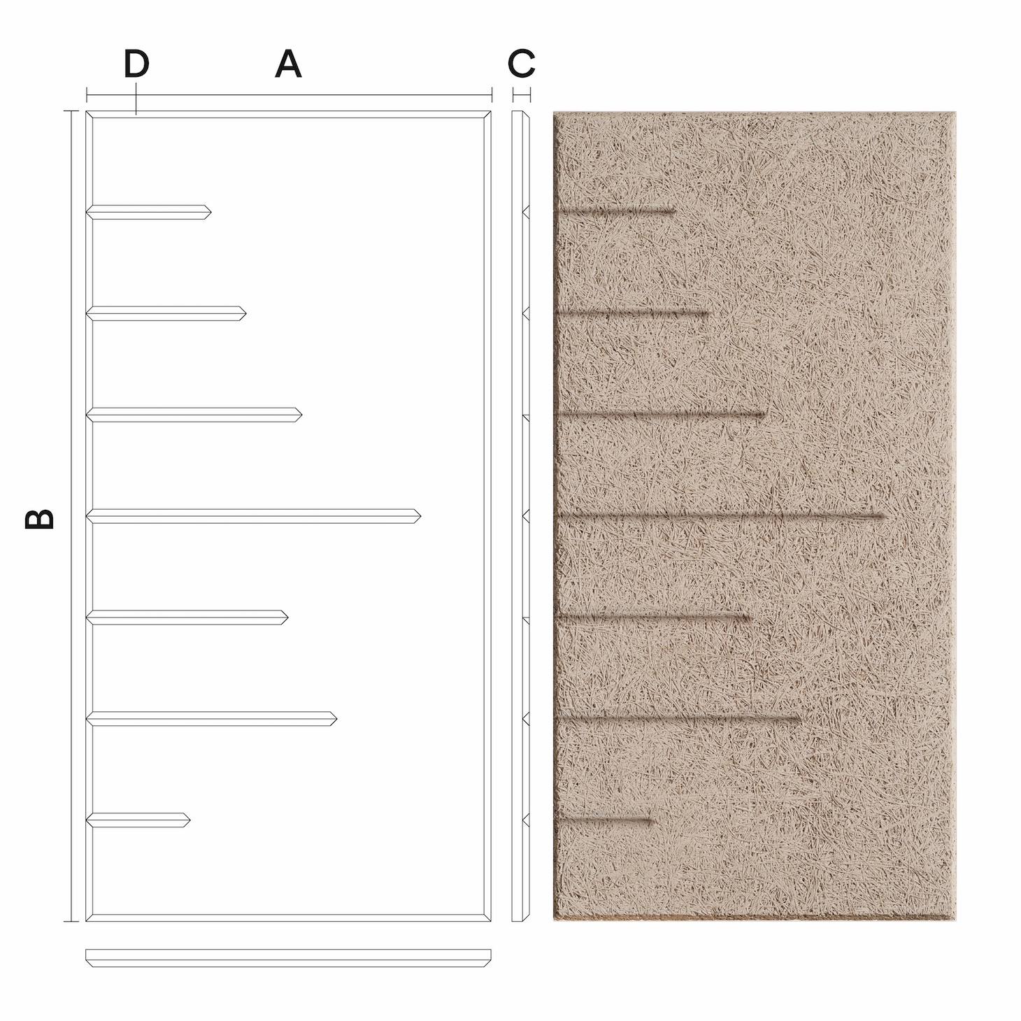 BAUX Wood Wool Levels. Packshot + skiss
