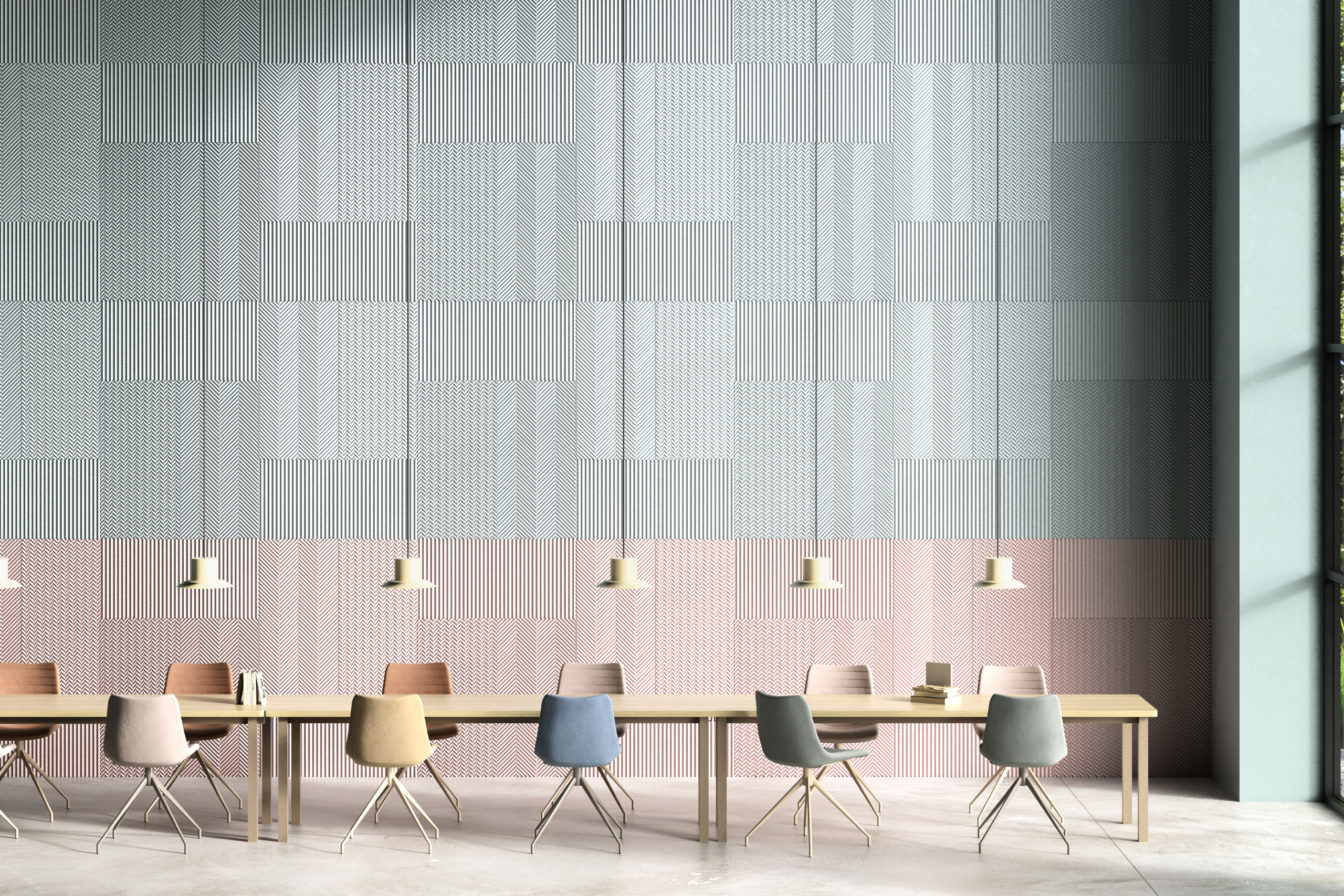 A long table in a meeting room. With BAUX Acoustic Pulp wall behind.